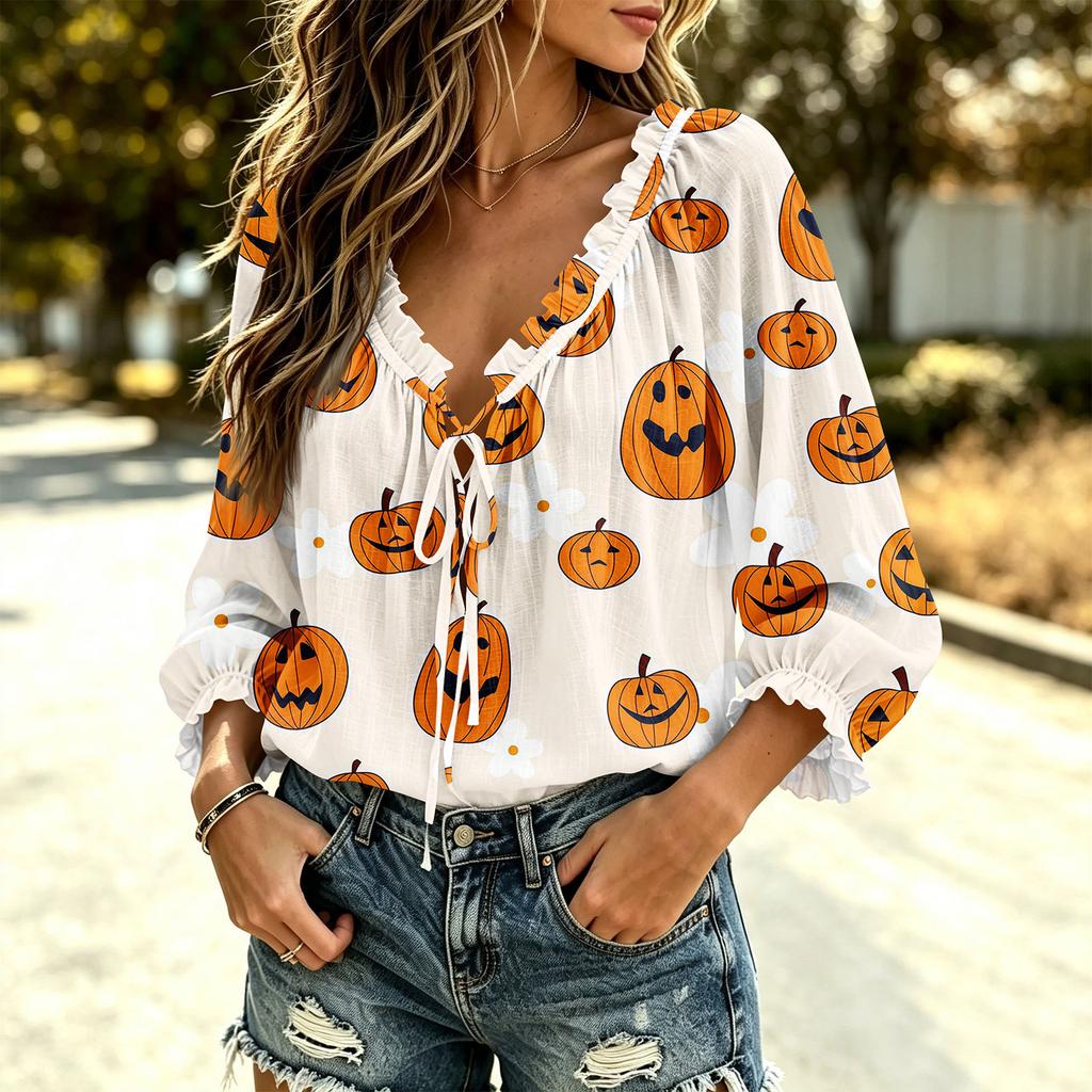 Women's Halloween Print V-Neck Ruffle Tie-Front Blouse with for Party
