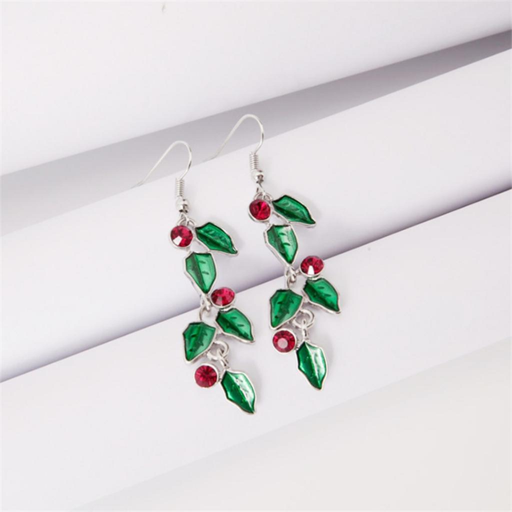 Christmas Red Rhinestone Green Enamel Christmas Long Leaf Drop Earrings Xmas Leaves Tassel Earring For Women Men Holiday Jewelry