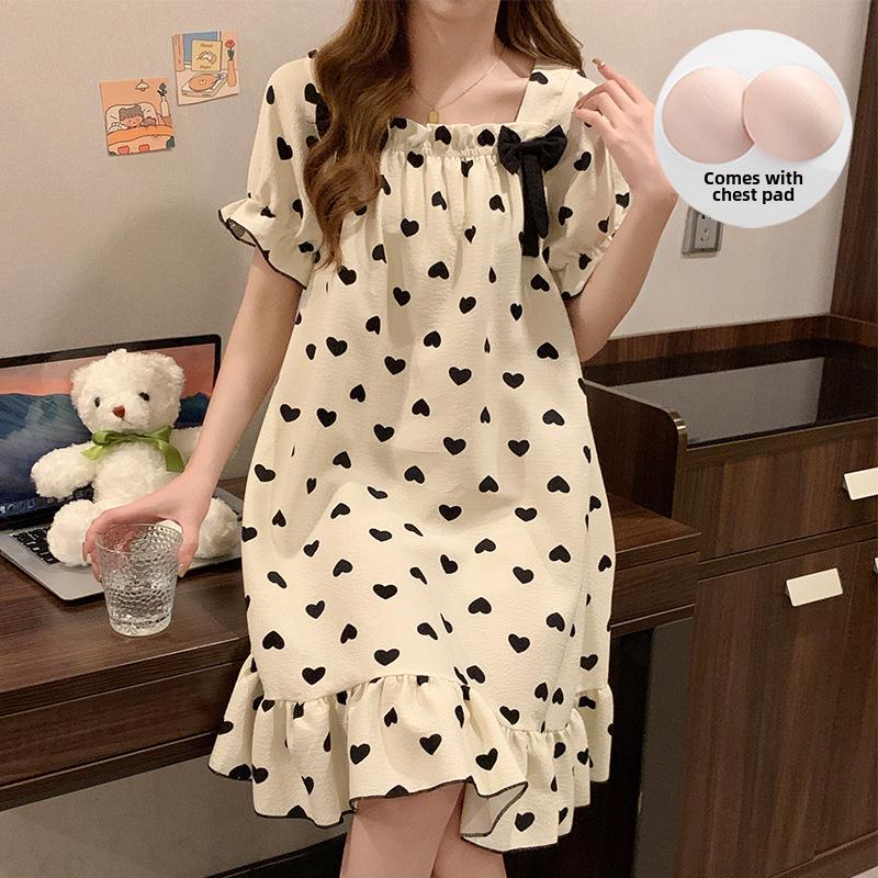 Summer Bubble Cotton Nightdress for Women with Chest Pads - Sweet, Cute, and Versatile Short-Sleeve Pajamas