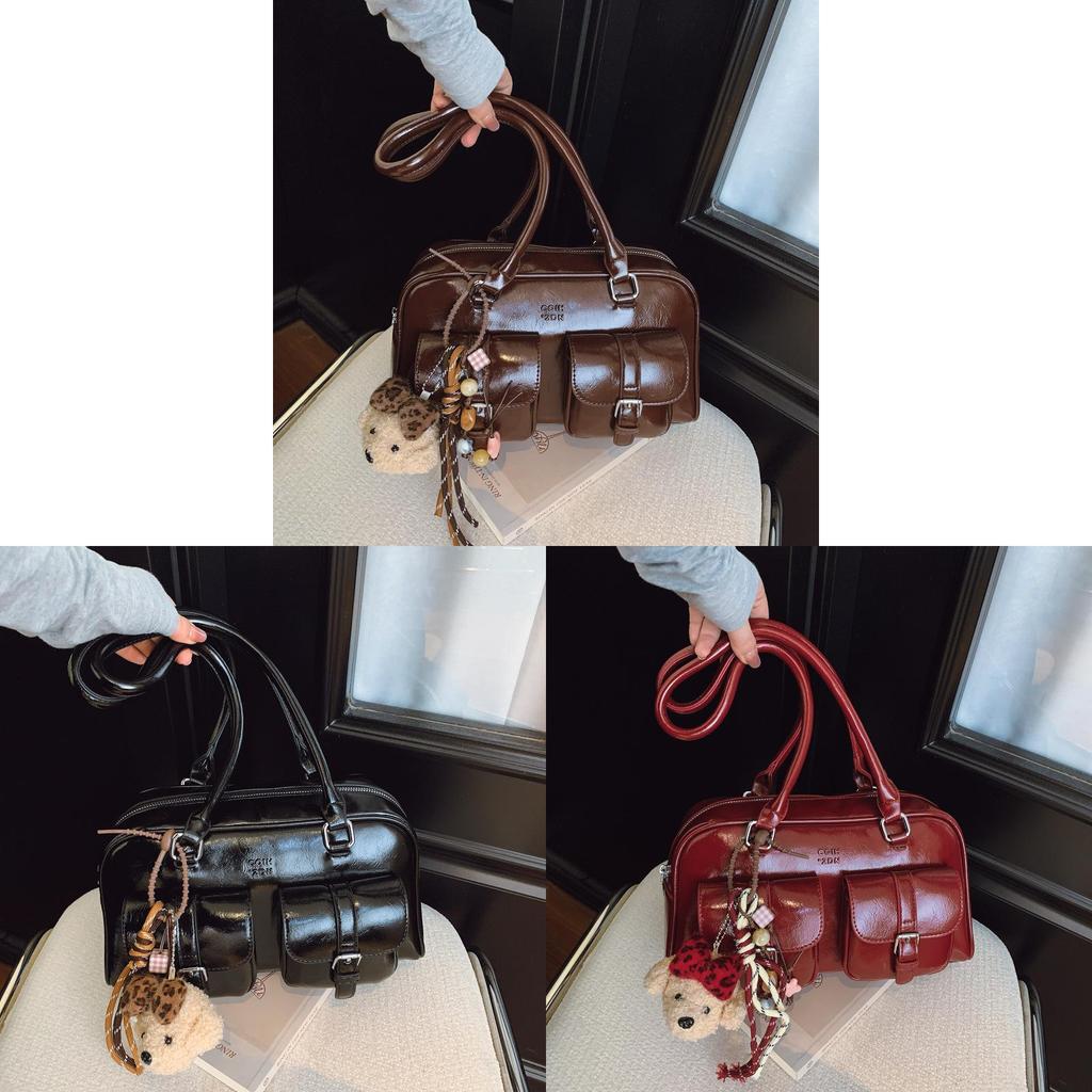 Retro Pu Leather Bowling Bag For Women With Zipper Closure And Inner Pockets