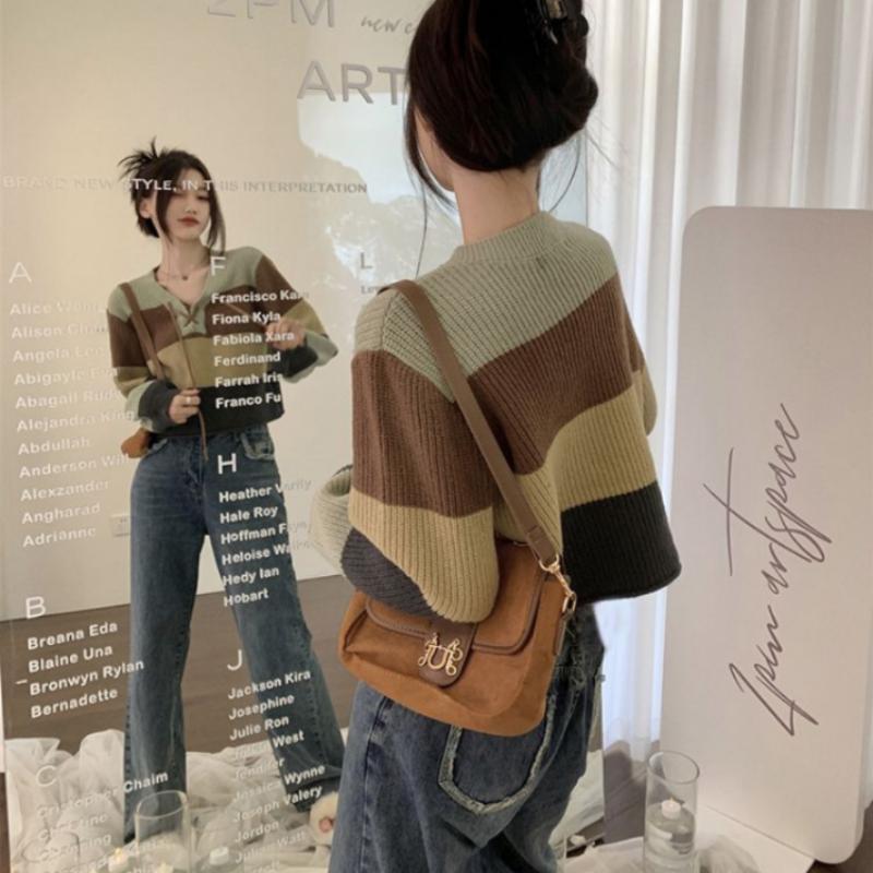 Stripe Contrast Lace Knitted Sweater Women Autumn and Winter Casual Design V-Neck Loose Short Sleeve Cardigan Sweater Female Top
