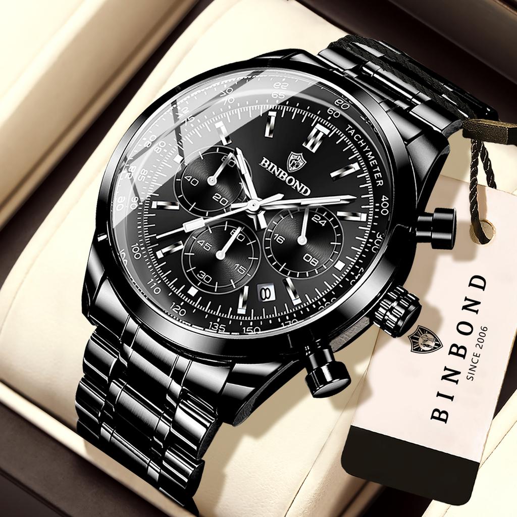 BINBOND Accurate Quartz Watches For Men Luxury Auto Date Chronograph Luminous Waterproof Men's Watch Stainless Steel Reloj