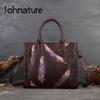 Johnature Retro Feather Embossed Handbag Genuine Leather Women Bag Large Capacity Real Cowhide Casual Shoulder Bags