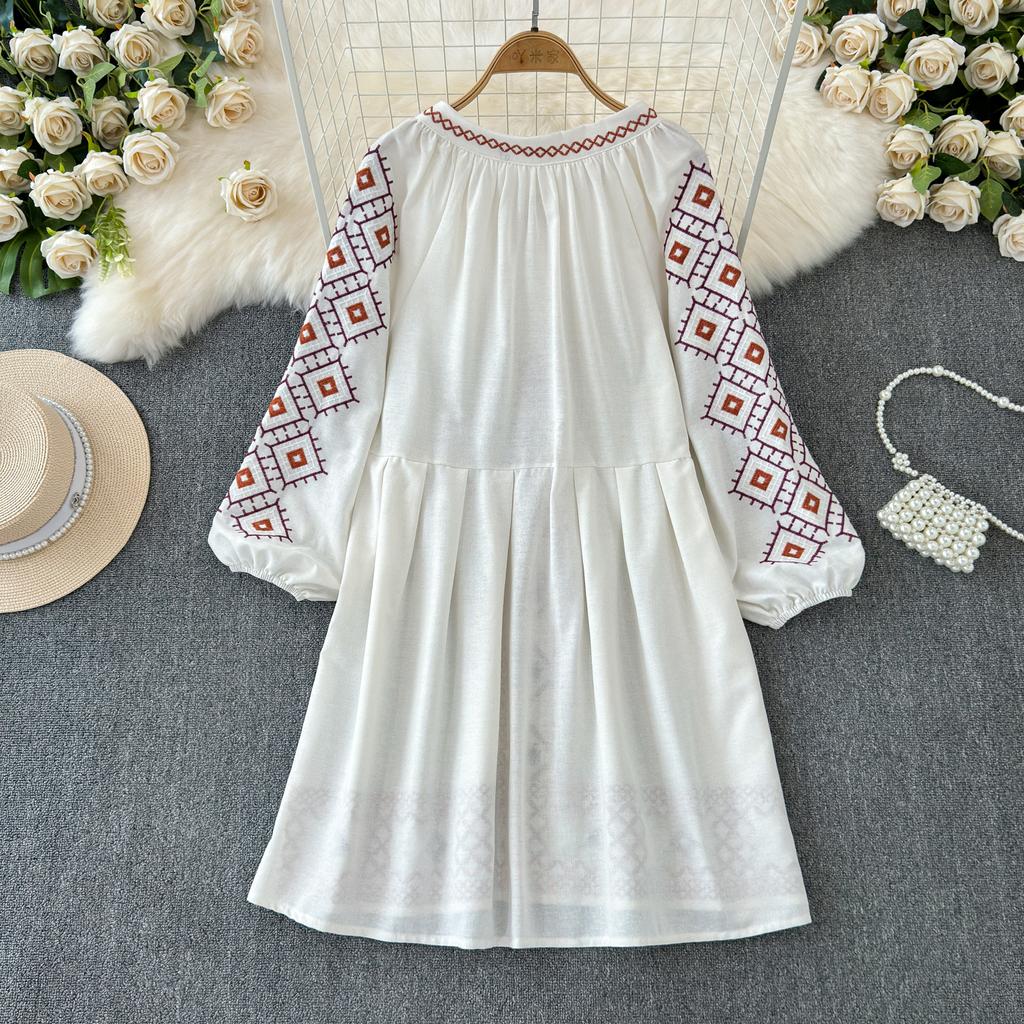 Bohemian Dress Women 2024 O Neck Ethnic Style Embroidery A-line Vestidos Retro French Chic Folds Dresses Summer Dropshipping