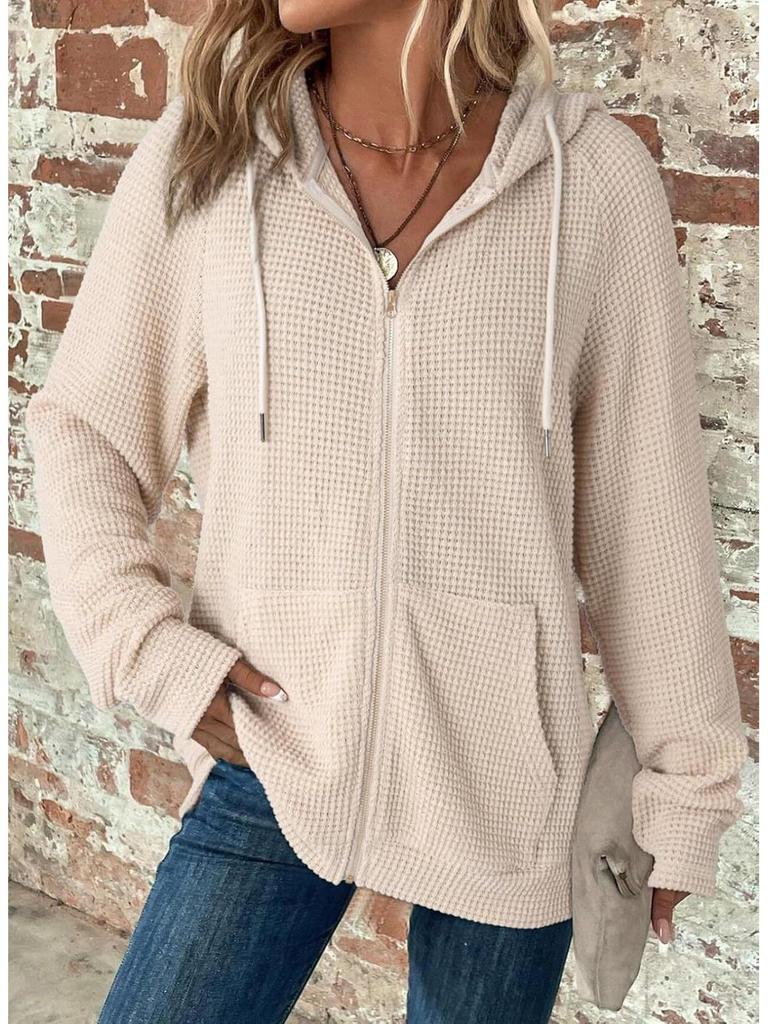 2025 Women's Waffle Knit Hooded Sweatshirt - Autumn/Winter Casual Long Sleeve with Drawstring