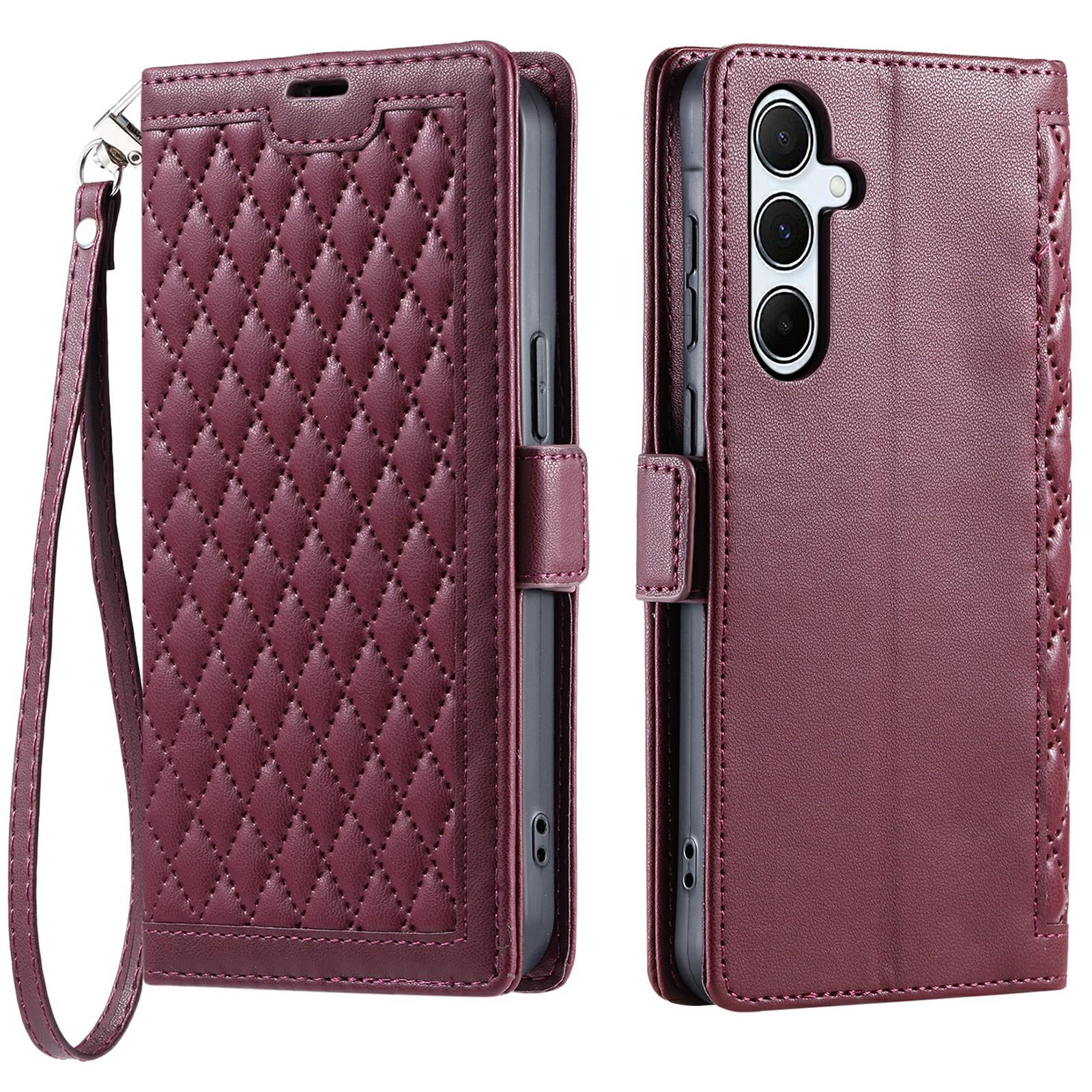 

For Samsung Galaxy A24 4G (162.1mm) Leather Case Rhombus Texture Wallet Stand Phone Cover with Wrist Strap Wine Red