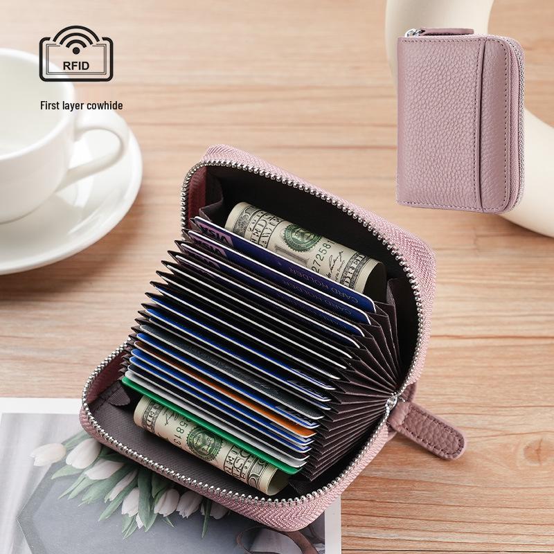 Women's Genuine Leather Zipper Card Holder - Anti-Demagnetization Multi-Slot Accordion Style