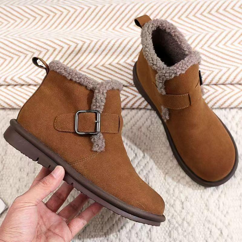 

Women Winter New Leather Flat sole Snow Boots Soft Sole Round Toe Plush Keep Warm Lightweight Slip On High Top Cotton Shoes 35 коричневий
