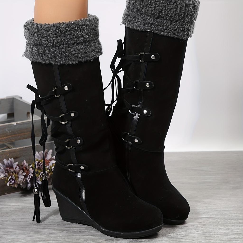 Fall and Winter New Plus Size Fur Neckline Mid-leg Boots Wedge Boots Fringed Boots