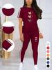 Damen Freizeitsportanzug, Herzförmiges Muster Print - Damen Freizeitsport Rundhals Zum Überziehen Kurzarm Hose Zweiteiliges Set