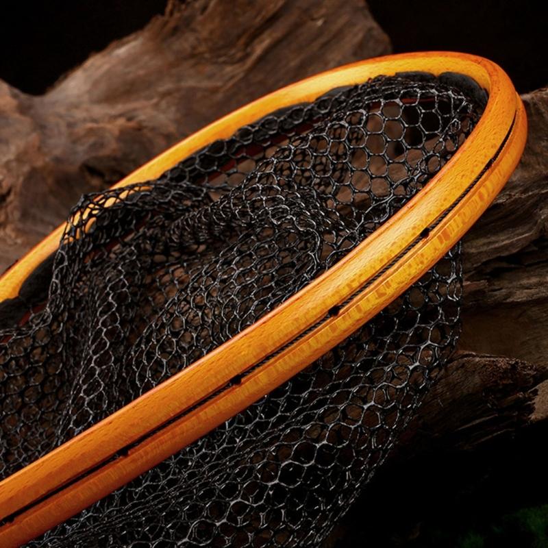 Curved Wood Handle Fishing Landing Net Mesh Design Protects Fishes Compacts Fishing Net For Anglers Stream Fishing