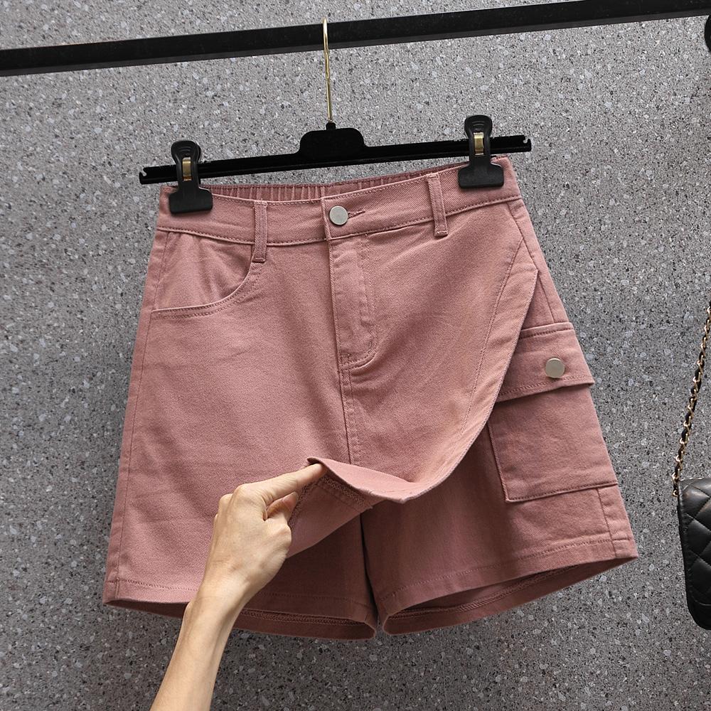 

DIMANAF Plus Size 2025 Женские шорты, брюки, летние свободные джинсы, короткие базовые шаровары с высокой талией, эластичный пояс 4XL розовый