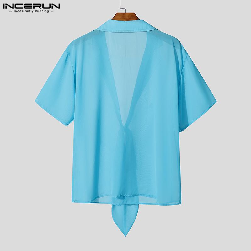 INCERUN Men Summer Short Sleeve Twisted Mesh Sheer Seen Through T-shirts