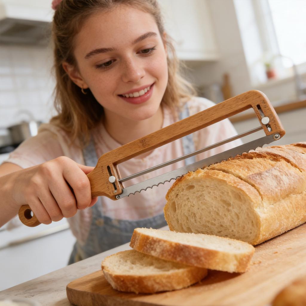 Nóż do chleba, Regulowany chleb – Ulepszony chleb do domowego i na zakwasie, z ząbkowaną stalą nierdzewną i prowadnicą grubości,