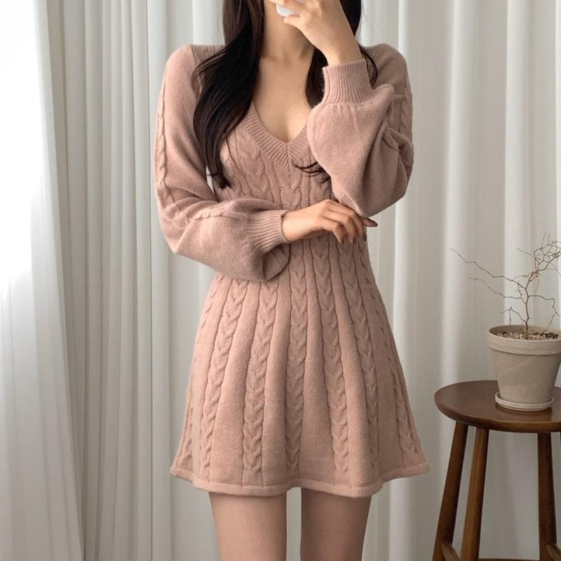 Korean Chic Lantern Sleeve V-Neck Knitted Sweater Dress