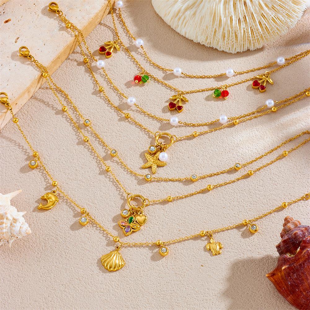 Layered Charm Anklet With Rhinestone Cherry Starfish Flower Moon And Star Pendants For Women
