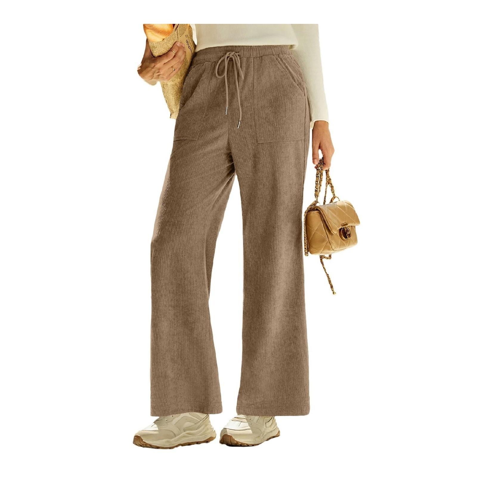 

Модные женские вельветовые брюки прямого кроя с высокой талией и завязками, с карманами и широкими штанинами, повседневные брюки для женщин S хаки