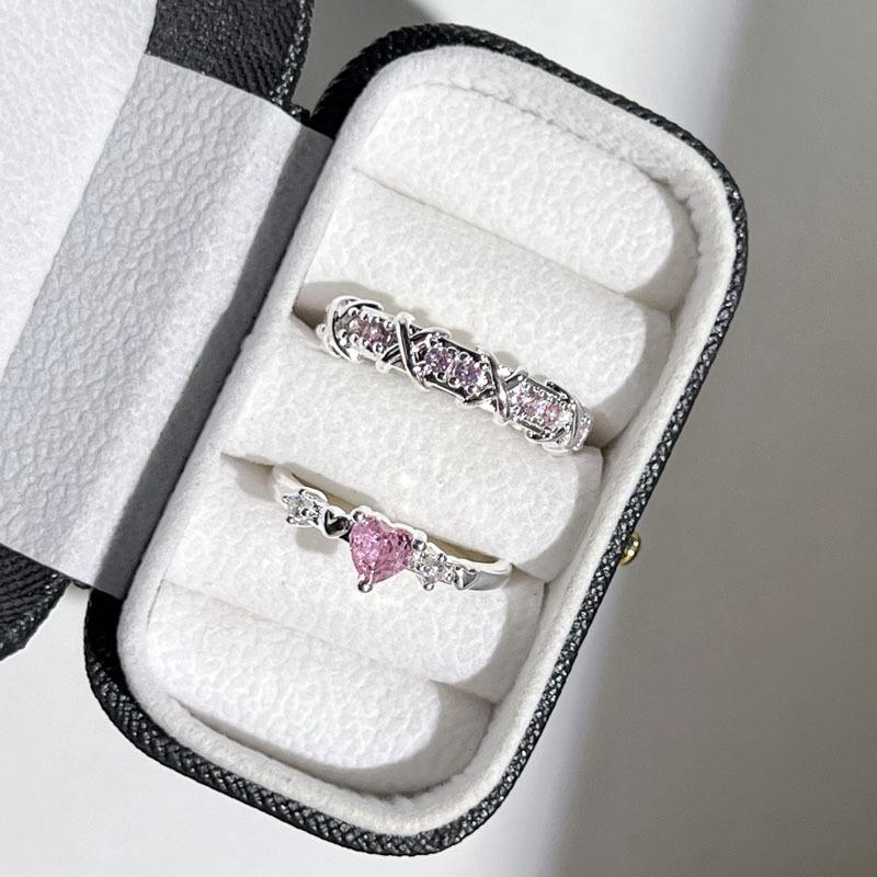 Sweet pink diamond love cross white temperament open ring women's peach heart thorn simple light luxury high sense ring