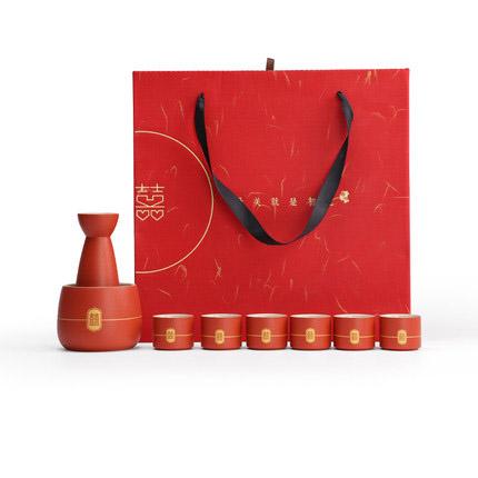 Chinese Ceramic Wine Set for Wedding, Red Wine Pot, Cup and Wood Tray, New Year Gift, Porcelain Household Accessories