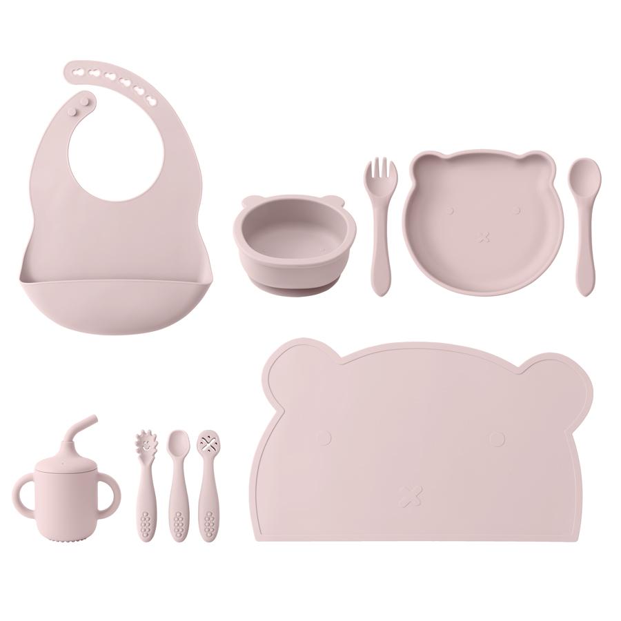 8PCS Silicone Baby Feeding Set Adjustable Bib Cartoon Bear Feeidng Dishes Plate Sucker Bowl Cup Cutlery Children's Tableware