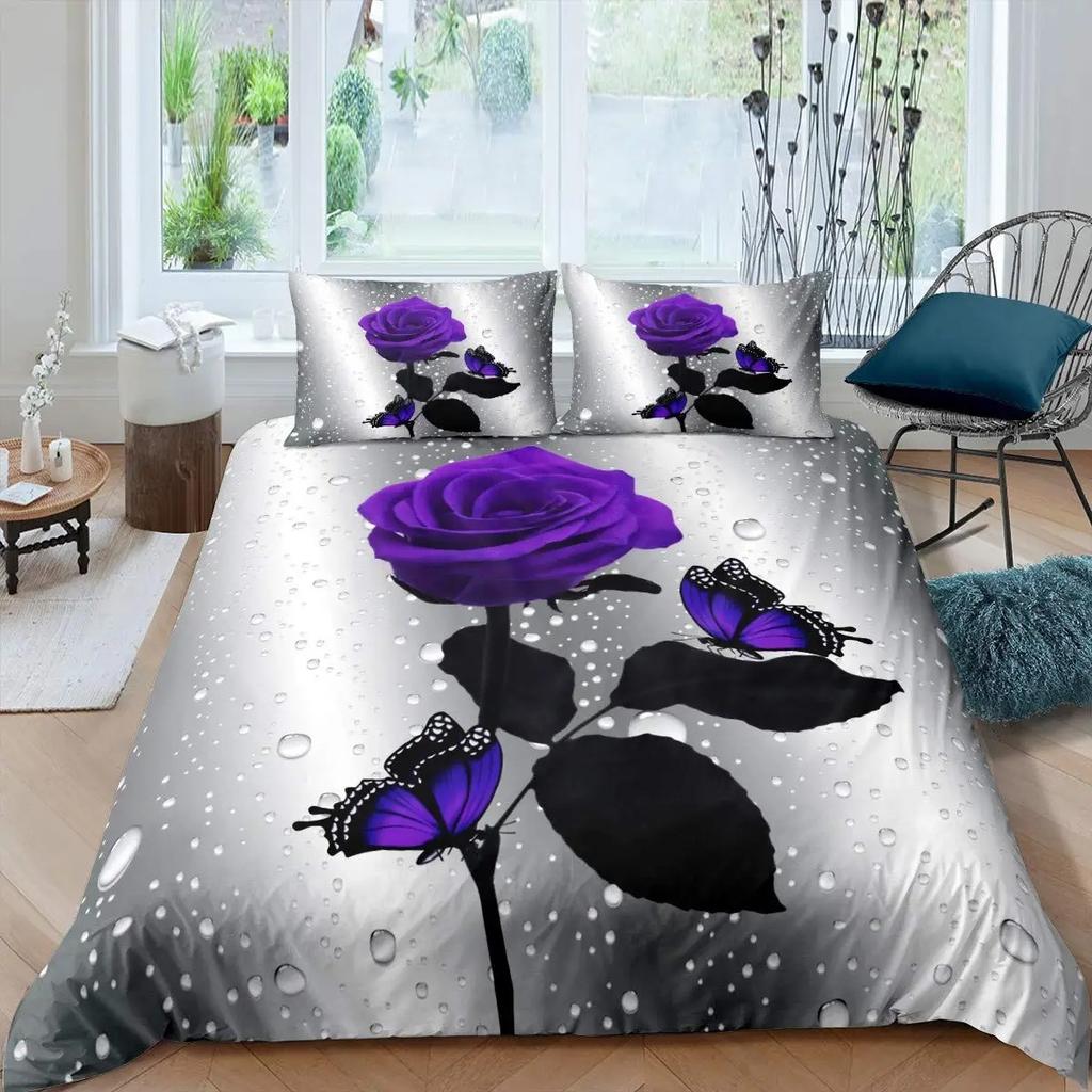 Comforter Purple Rose Queen Size Romantic Flowers Bedding Set Valentine'S Day Floral Comforter Set