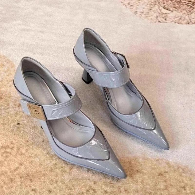 Fashion Soft Leather Pointed Toe Single Shoes Women's Autumn New Shallow Mouth Metal Buckle Temperament Fashion High Heels