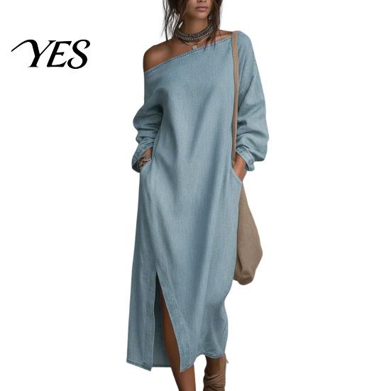 Party Dress Casual Women's One Shoulder Long Sleeve Maxi Dress, Cotton Linen Tunic Side Slit Summer Loose with Pockets Retro Style