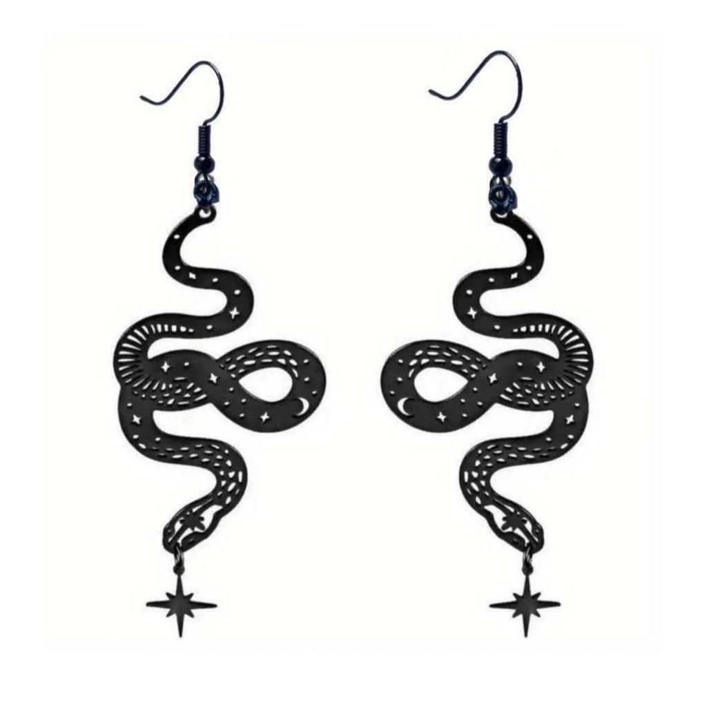 Retro Personality Black Stainless Steel Hollowed-out Pattern Snake Pendant Dangle Earrings for Women Street Hip-hop Jewelry Gift