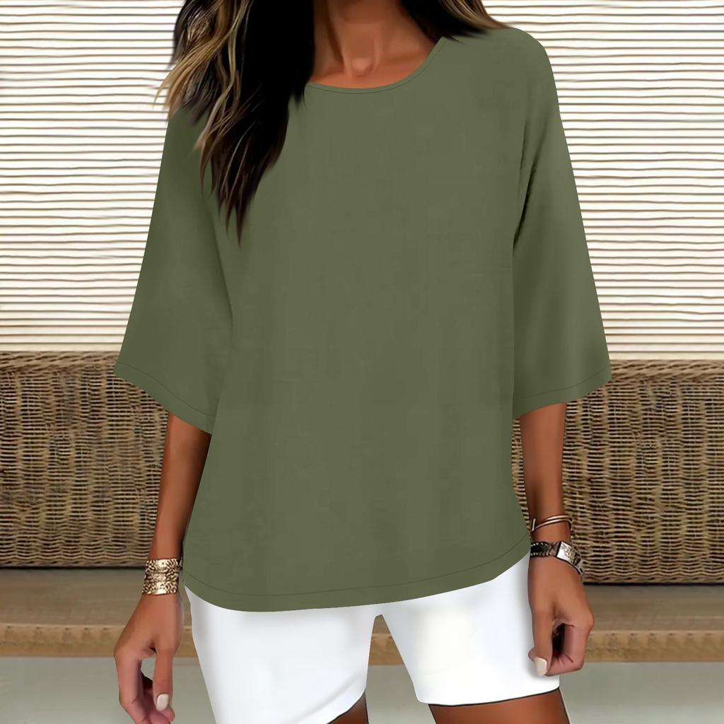 Women's Fashion Solid Color Casual T-Shirt Seven Sleeve Round Neck Cotton Top