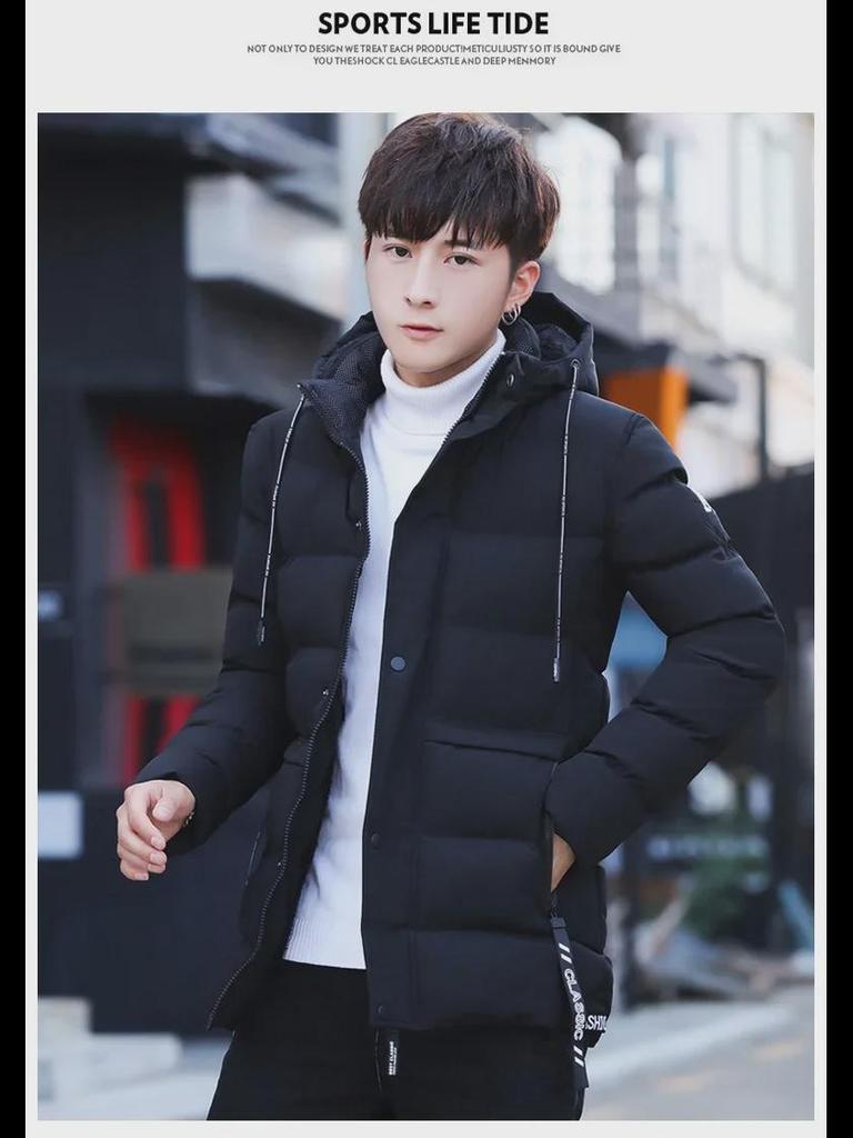 618 Men's Mid-Length Hooded Winter Jacket - Warm, Thick Plush Cotton-Padded with Ribbed M-Shaped Design