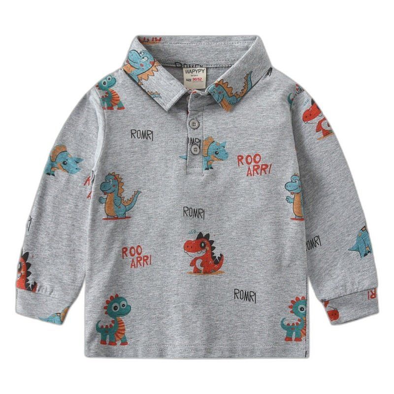 Boys' Long-Sleeved T-Shirt, Spring and Autum Kidsren's Clothing, Kidsren's All-Over Printed Dinosaur Polo Shirt, Baby Lapel Cartoon Top