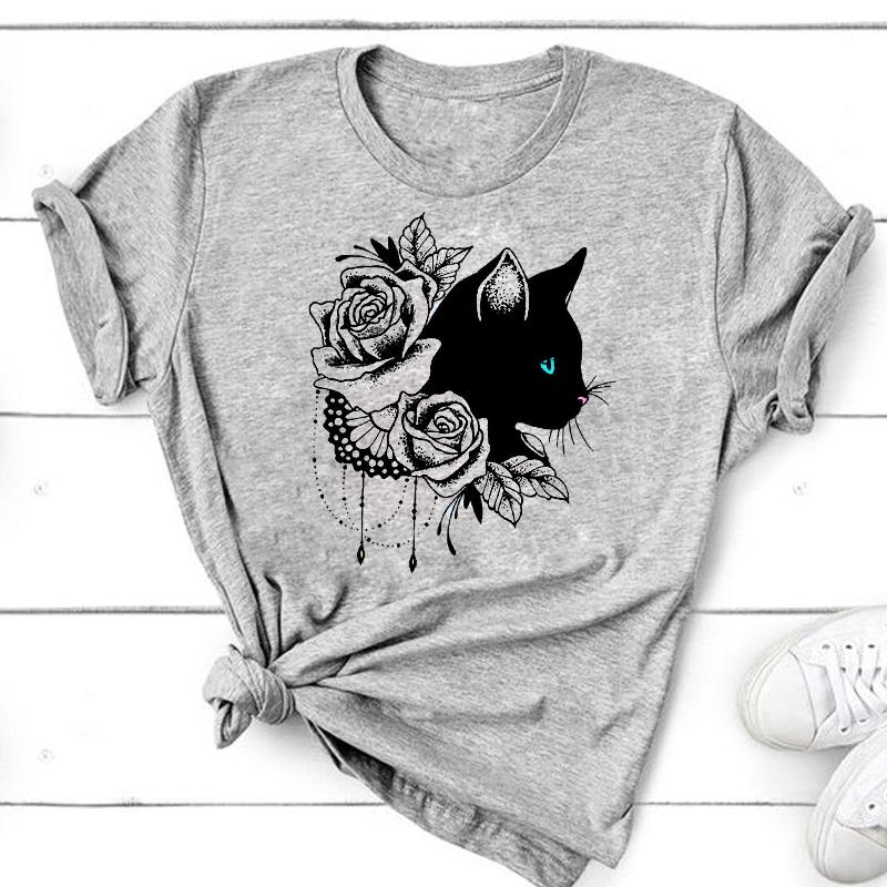 (Asian Size) Graphic Tee Women's Cat Books Love Sweet Trend Fashion Casual Print Short Sleeve Summer Top Ladies Female T Clothing T-shirt