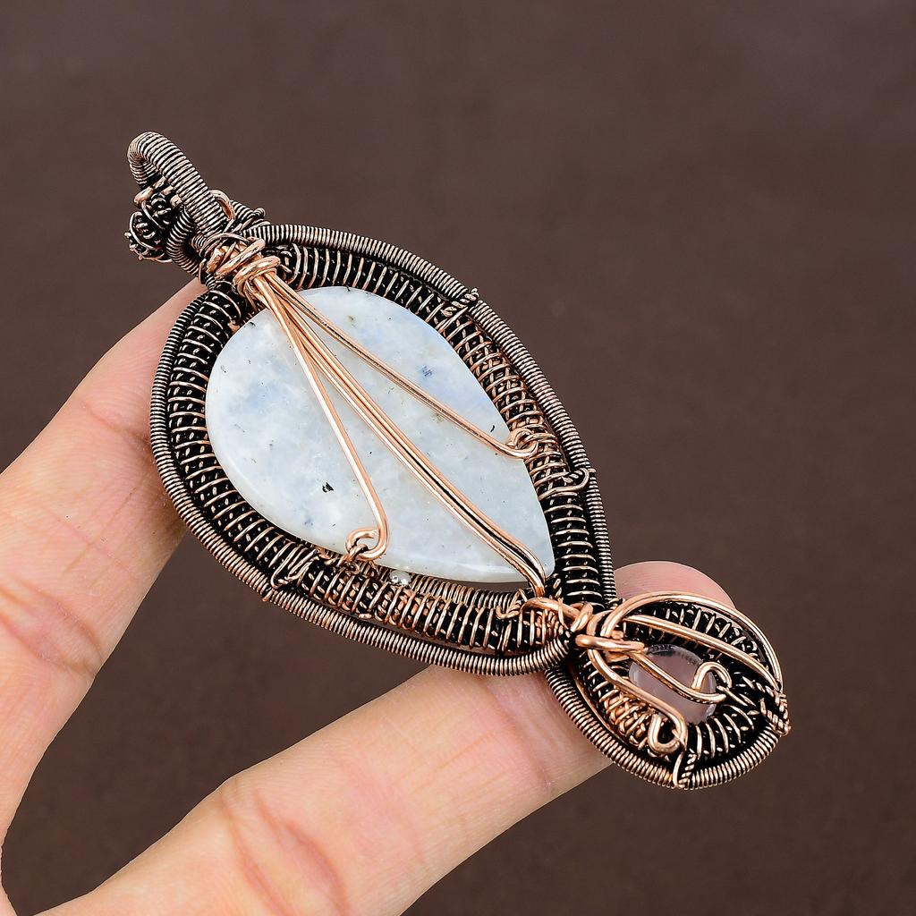 Natürlicher Regenbogen Mondstein,Rosenquarz Stein Kupferdraht Wickel Anhänger 3,54" P5J91