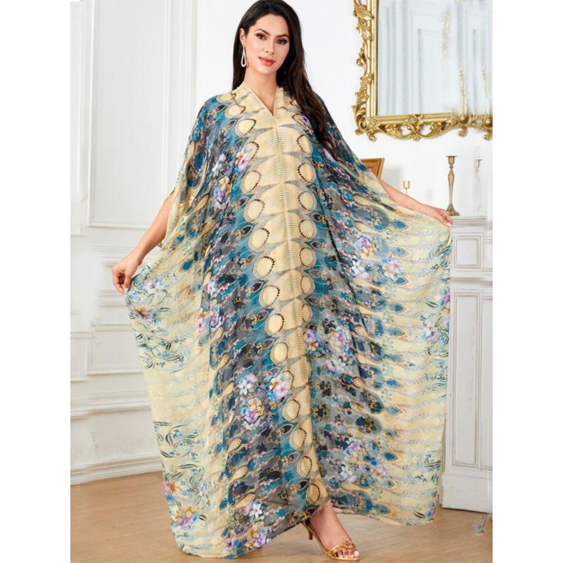 Indonesia Middle East Plus Size Women's Amazon Cross-Border Dress Djellaba V Neck Print Batwing Sleeve Dress Dress