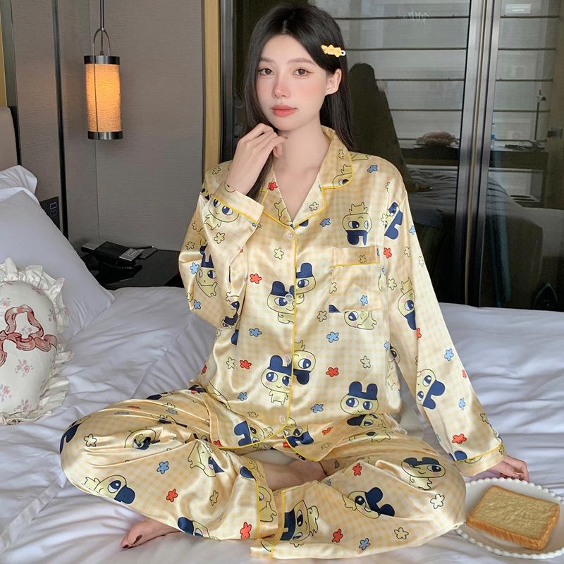 Ice Silk Pajamas Women'S Spring And Summer Thin Long-Sleeved Trousers Fashion Cool Cardigan Loungewear Suit Can Be Worn Outside