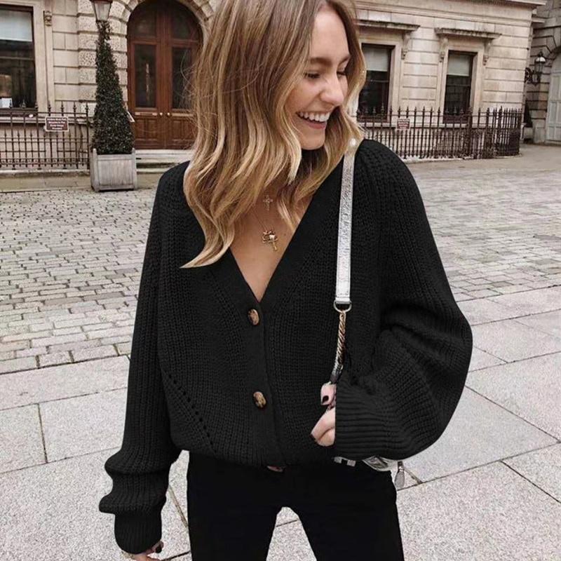 Herbst Neue Mode Frauen Gestrickte Strickjacken Pullover Langarm Lose Mantel Lässig Taste Dicken V-ausschnitt Solide Weibliche Tops