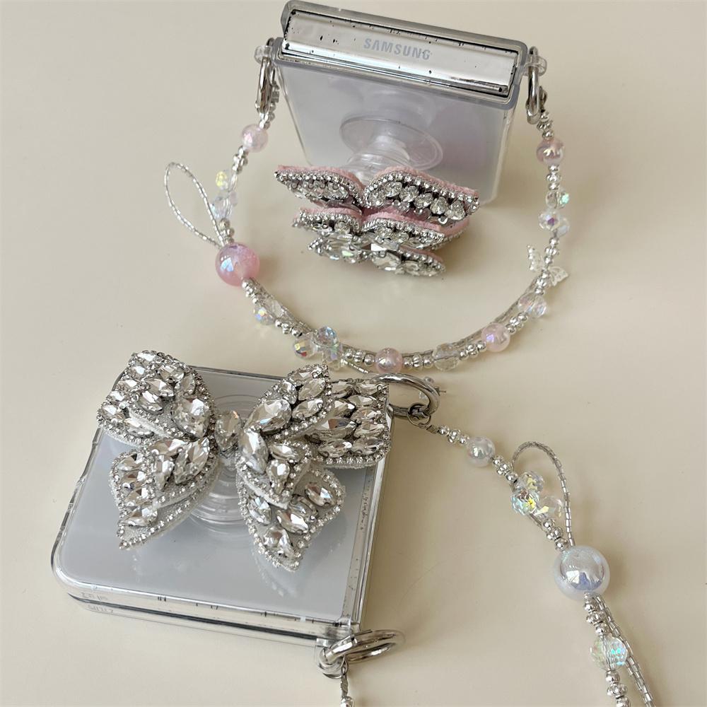 Luxury Glitter Pearl Lanyard Chain Phone Case For Samsung Galaxy Z Flip 6 5 4 3 Flip5 5G Shining Back Card Cover For ZFlip3 Flip