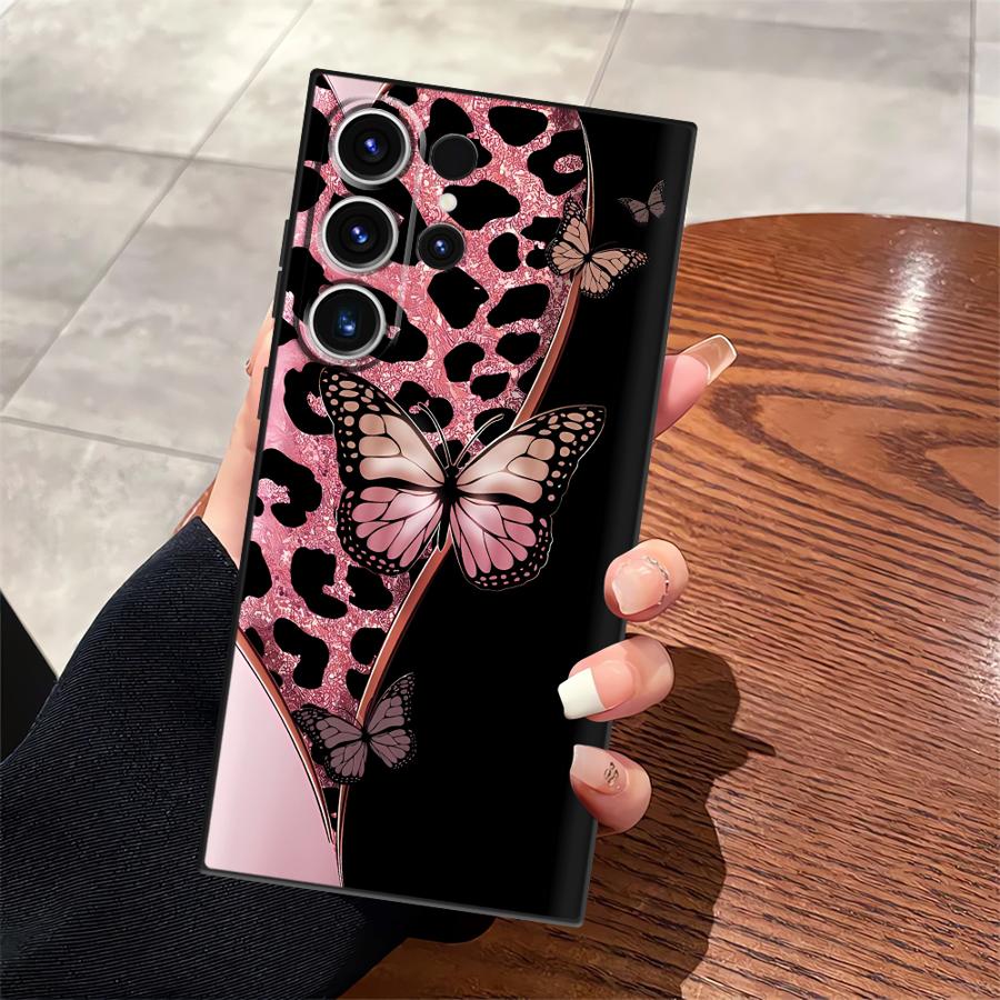 Black Soft Phone Cover Case for Samsung Galaxy S23 Ultra S25 Edge S24 Plus S20 S21 FE Cartoon Leopard Print Pattern