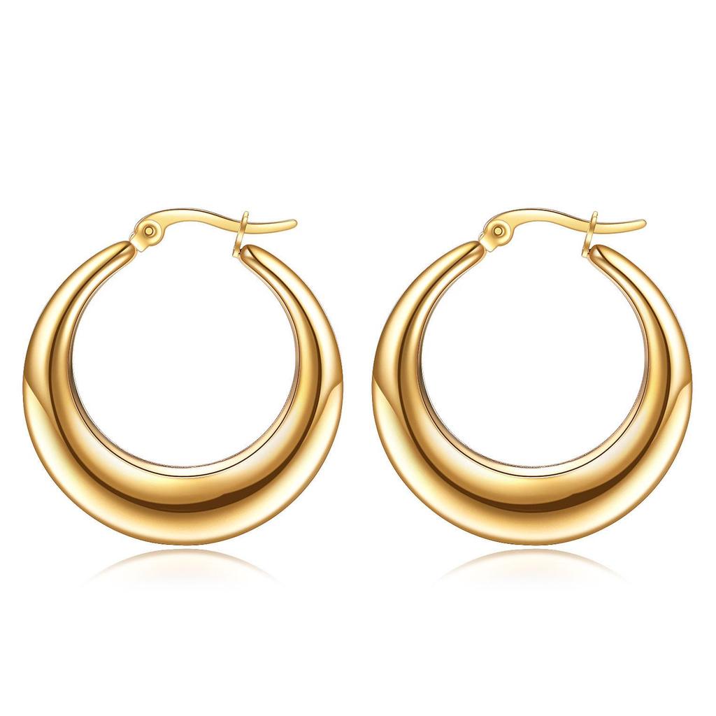 European-American Fashion 18K Gold Ribbed Hoop Earrings, 28MM Stainless Steel, Hot Selling Jewelry