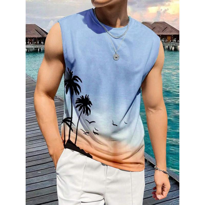 Funny Coconut Tree Pattern Tank Tops For Men Colorful Gradient Plants 3D Printed Tees Summer Casual Loose Street O-Neck Vest Top