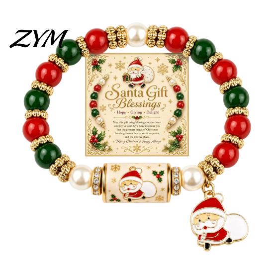 Elegant Retro Gold Spacer Beads Christmas Bracelets for Women, Beaded Charm Stretch Bracelet with Stretchy Bead Girls Card, Holiday Jewelry
