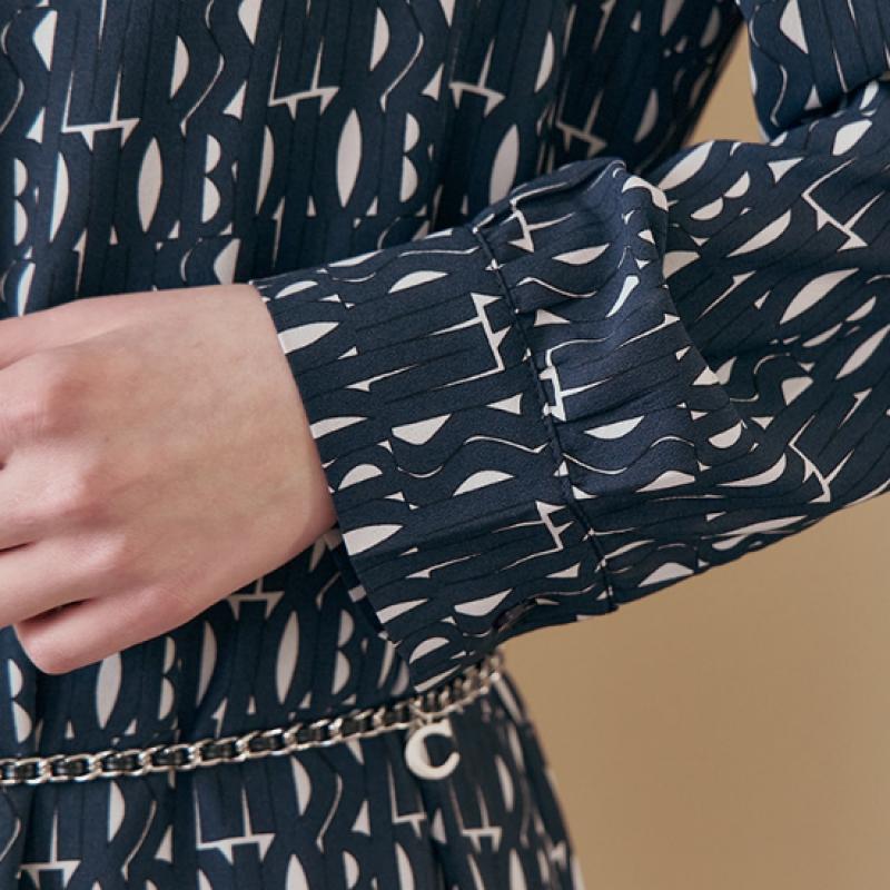 Maxza Alphabet Pattern Belted Shirring Shirt Long Dress Ze04qp002nh