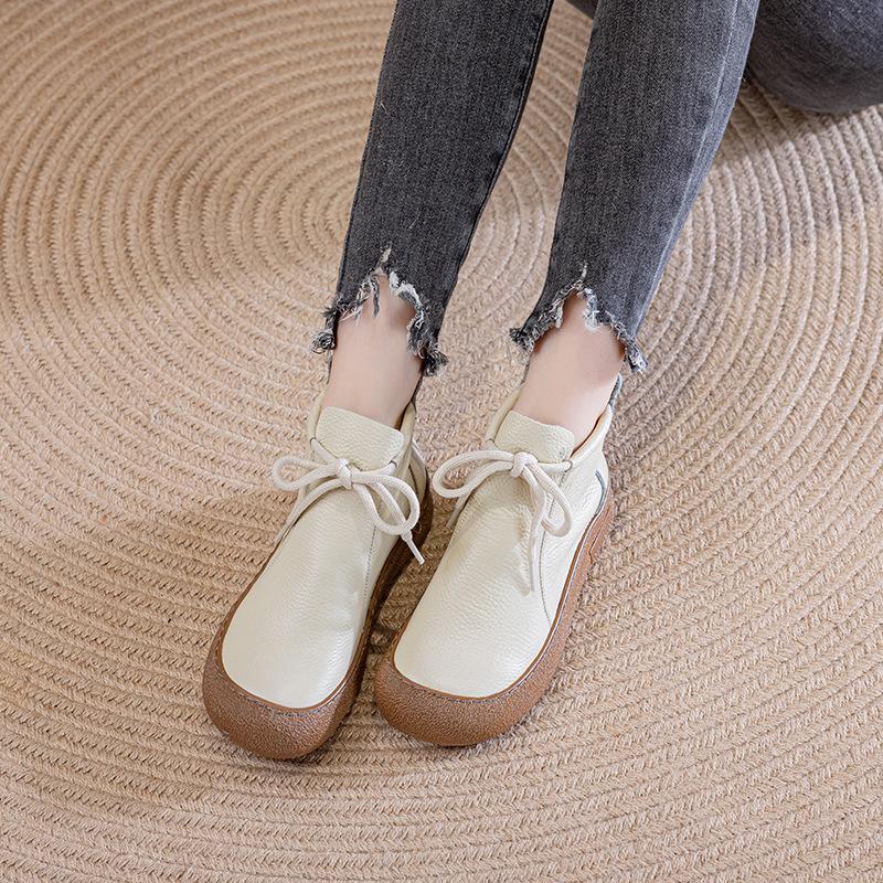 Fashion 2025 Winter Genuine Leather Boots Women's High Top Laced Up Flats Woman Warm Short Plush Boot Ladies Orthopedic Shoe Ankle Boots