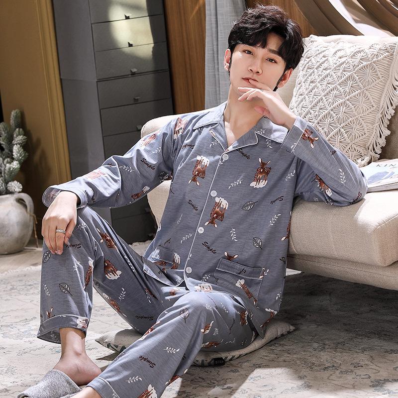 Men's Printed Long Sleeve Knit Cotton Pajama Set with Cardigan Lapel for Spring, Autumn, Winter