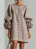 Autumn 3D Floral Long Sleeve Short Dress with Decorative Buttons