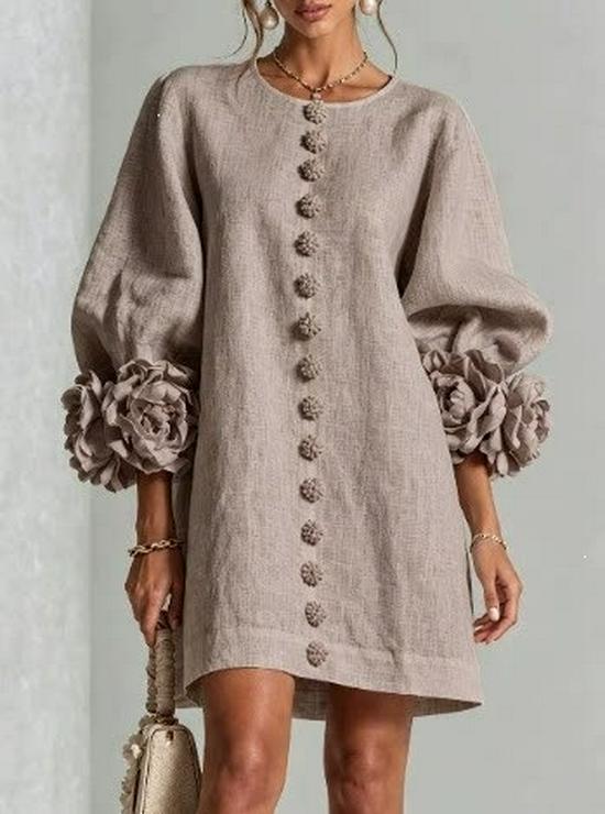 Autumn 3D Floral Long Sleeve Short Dress with Decorative Buttons