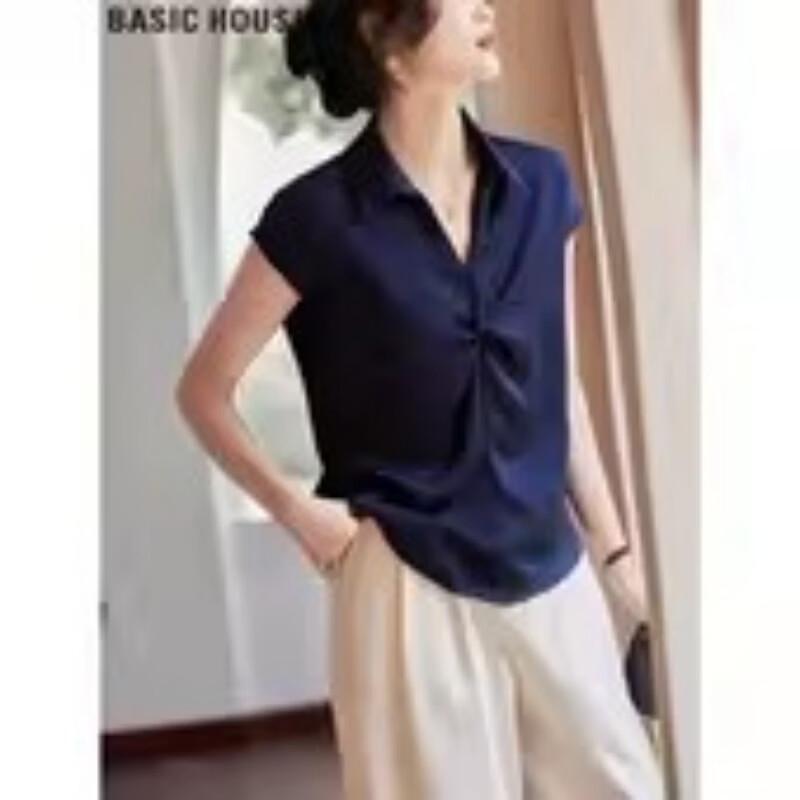 Basic House Women's V-Neck Knot Satin Blouse