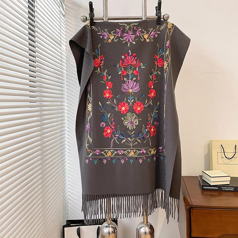 Luxus Warmer Poncho Kaschmir Winter Damen Schal Blumen Schal Wickel Damen Dicke Pashmina Fransen Decke Bufanda Echarpe One Size gray