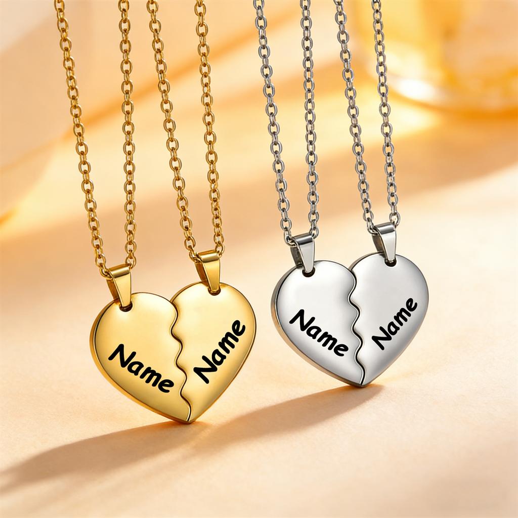 Colares Personalizados de Nome em Coração Aço Inoxidável Clássico Joias Personalizadas Família Casal Amigo Presente 2 Peças