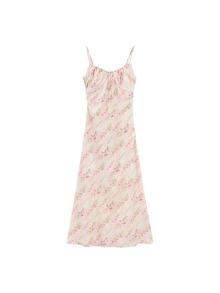 

Платье на тонких бретельках с французским цветочным принтом и кружевной вставкой - Женское весенне-летнее платье 2024 года со сладким характером Medium цветочный